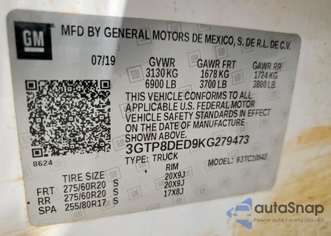 2019 GMC Sierra C1500 Slt from USA, damaged, VIN 3GTP8DED9KG279473